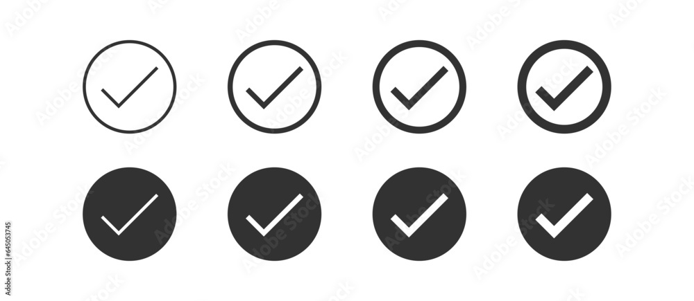 Check mark icon. Tick signs. Ok symbol. Right symbols. Vote icons. Black color. Vector sign. Check mark icon. Tick signs. Ok symbol. Right symbols. Vote icons. Black color. Vector sign.