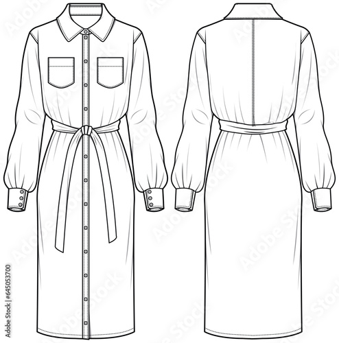 Women Long sleeve woven shirt dress design with collar flat sketch fashion illustration with front and back view. Double pocket collar dress drawing vector template