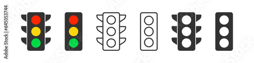 Traffic lights icon. Stoplight signs. Stop in the road symbol. Street semaphore symbols. Regulation icons. Black, yellow, red, green color. Vector sign.