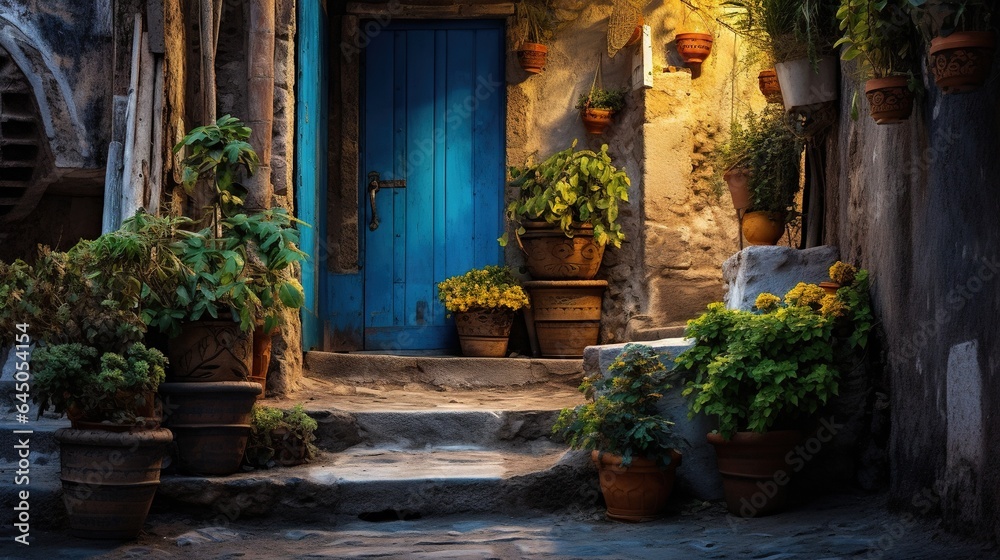 a blue door and some potted plants outside of a house. generative ai a blue door and some potted plants outside of a house. generative ai