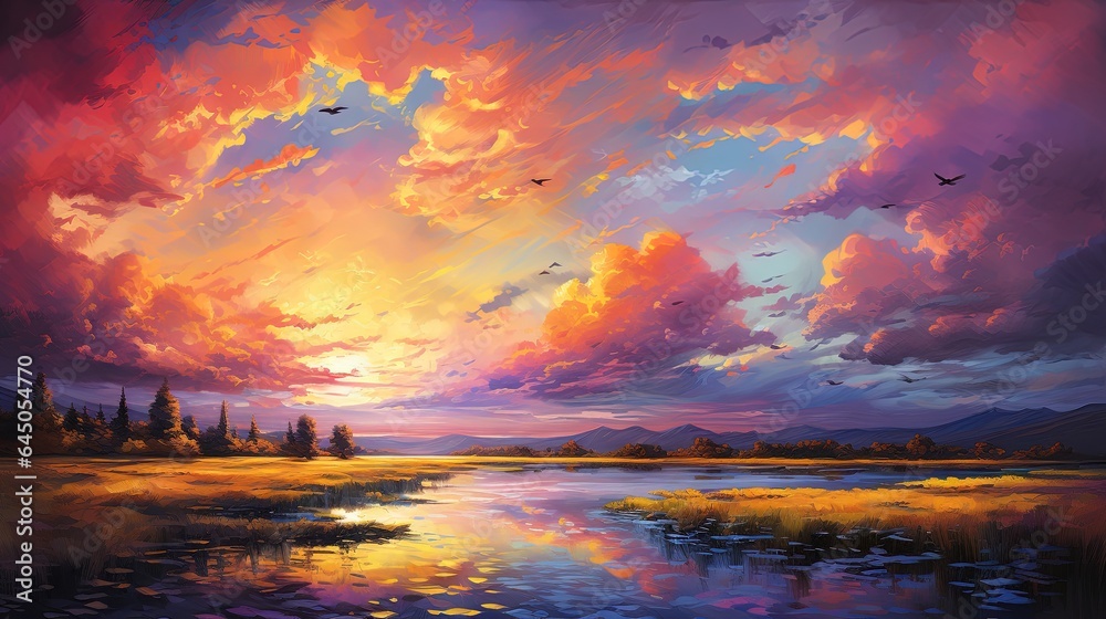  a painting of a sunset over a lake with birds flying in the sky.  generative ai