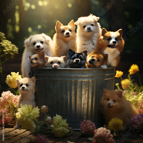 Trash Can with Many Small Dogs Made of Colorful Solid Colors, in Beautiful Garden