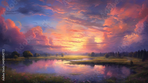  a painting of a beautiful sunset over a lake with clouds. generative ai