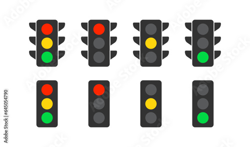 Traffic lights icon. Stoplight signs. Stop in the road symbol. Street semaphore symbols. Regulation icons. Black, yellow, red, green color. Vector sign.