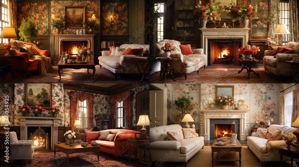 A traditional living room with a roaring fireplace and Traditional Floral Wallpaper, offering cozy warmth and elegance. 