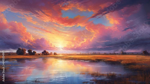  a painting of a beautiful sunset over a river with clouds. generative ai