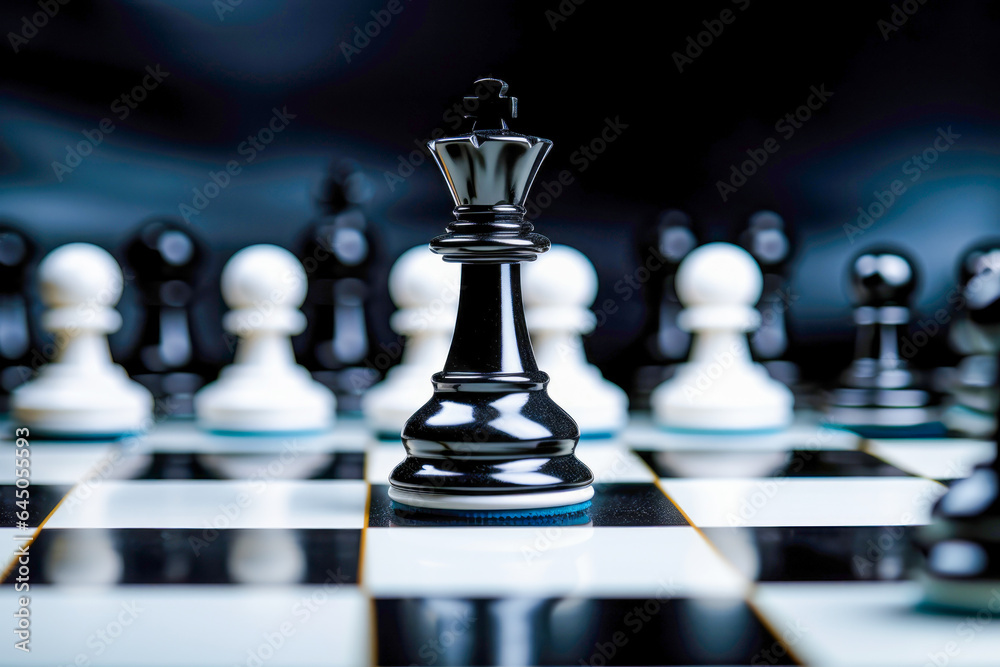 Game of power: Black king stands amidst pieces, illustrating strategic management and calculated risks in this dynamic chess battle. Game of power: Black king stands amidst pieces, illustrating strategic management and calculated risks in this dynamic chess battle.