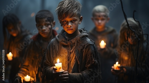 Scary and mysterious children carrying candles on a foggy Halloween night - generative AI.