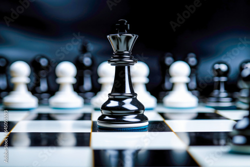 Game of power: Black king stands amidst pieces, illustrating strategic management and calculated risks in this dynamic chess battle.