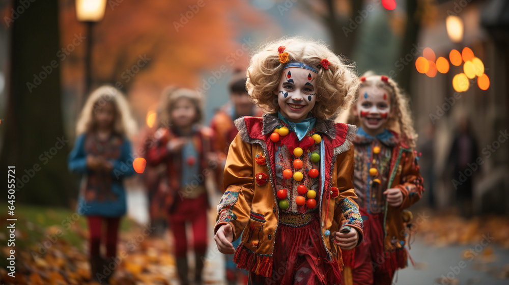Cute little children dressed up as clowns for Halloween walking down the sidewalk together - generative AI.