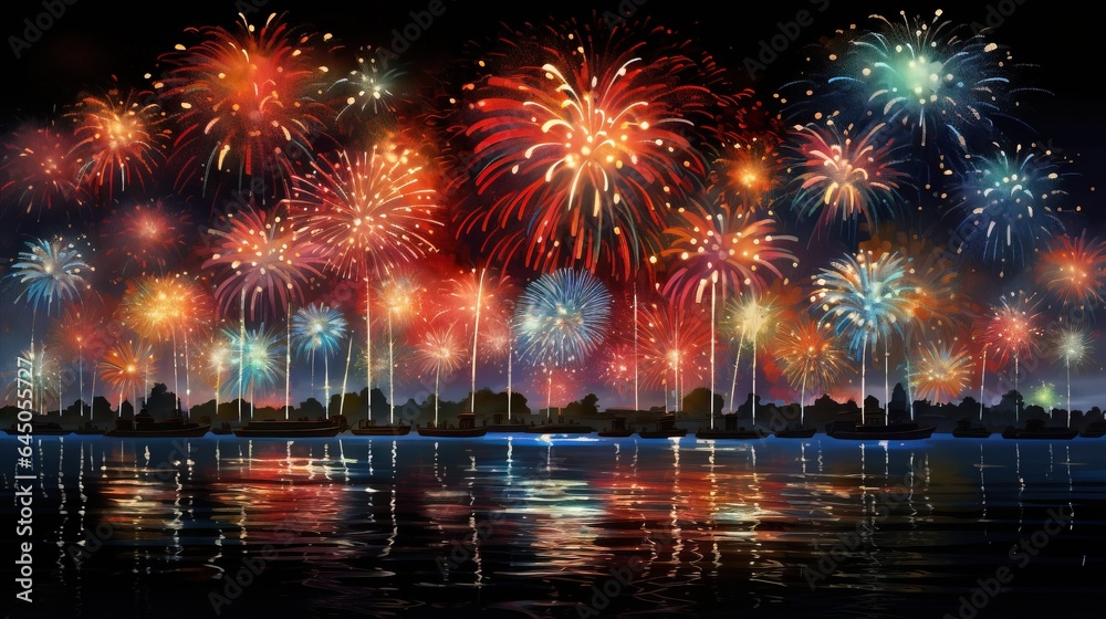Fototapeta premium a large fireworks display over a city skyline at night time. generative ai
