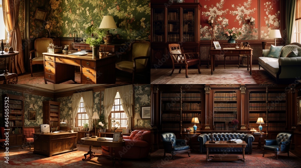 A traditional study with mahogany furniture and Traditional Floral Wallpaper, embodying an air of scholarly sophistication. 