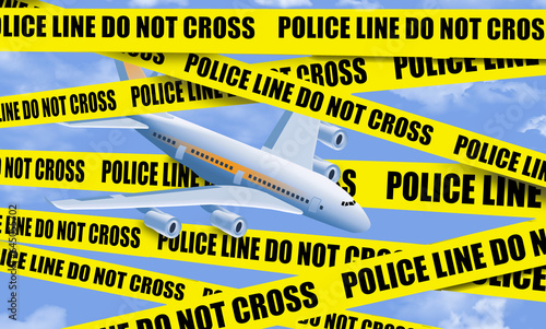 A commercial airliner is seen flying through and opening in police crime scene tape  in this 3-d illustration about air crimes like skyjacking, bombing and disagreeable passenters.