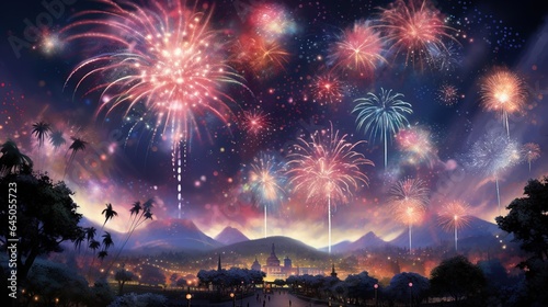  a painting of fireworks in the night sky over a city. generative ai