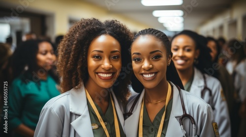Young african black female doctor smiling while standing in a hospital corridor with a diverse group of staff in the background rule of thirds