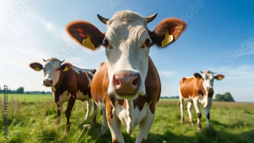 cows on the background of sky and green grass.generative ai