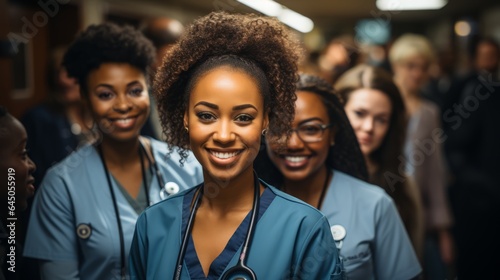 Young african black female doctor smiling while standing in a hospital corridor with a diverse group of staff in the background rule of thirds