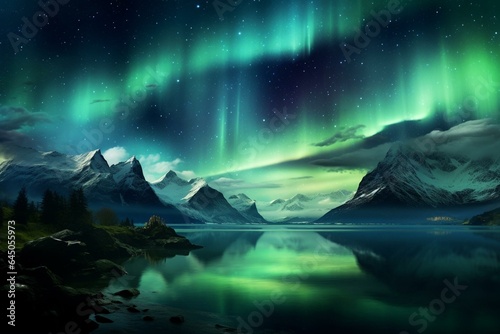 Nighttime mountain scene with aurora borealis and stars. Generative AI © Emily