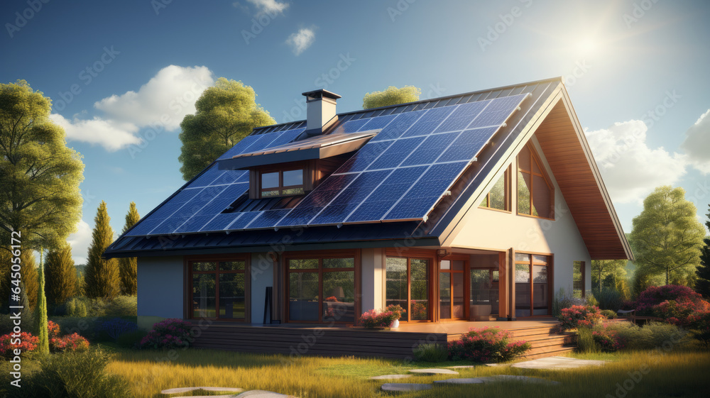 a realistic image of a house with photovoltaic panels on the roof generative ai a realistic image of a house with photovoltaic panels on the roof generative ai