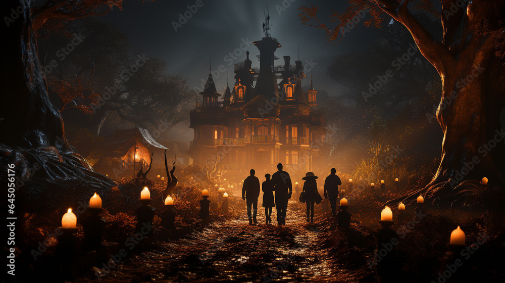 Silhouette of several people walking down the lantern lit walkway on Halloween night toward a spooky house - generative AI.