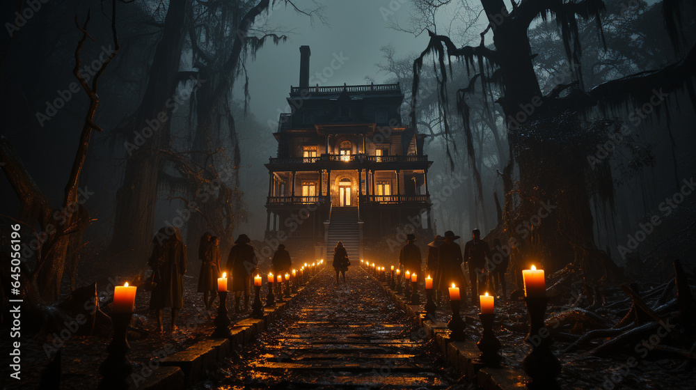Silhouette of several people walking down the lantern lit walkway on Halloween night toward a spooky house - generative AI.