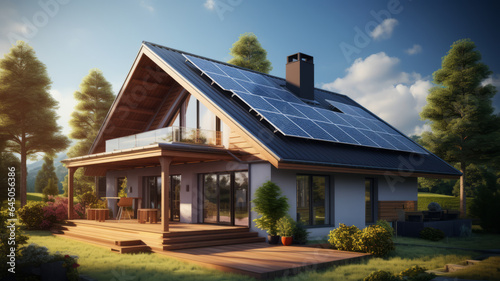 a realistic image of a house with photovoltaic panels on the roof generative ai