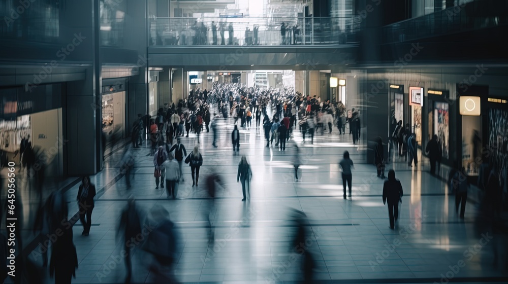 People in motion are blurred on the ground floor of a shopping center. View above the crowd People in motion are blurred on the ground floor of a shopping center. View above the crowd