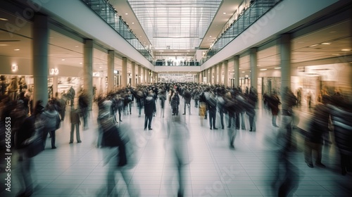 People in motion are blurred in the atrium of a shopping center. View above the crowd