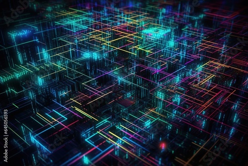 abstract volumetric cyberpunk digital matrix blocks neon glowing background