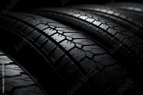 New black rubber car tires on a dark background in low key