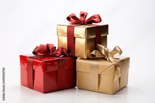 Three gift boxes wrapped in red gold shiny decorative paper tied with ribbons on white background