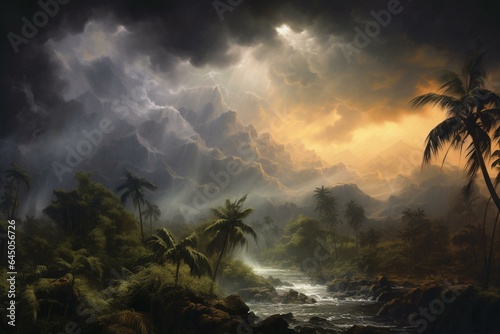 A captivating painting depicting a menacing tropical cyclone surrounded by dark clouds, representing a powerful natural disaster. Generative AI