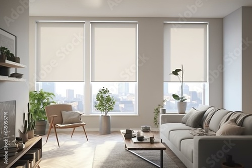 A dual-function roller blind that accommodates both daytime and nighttime settings. Generative AI