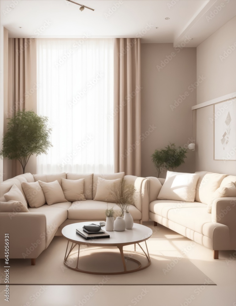 Modern interior japandi style design living room. Lighting and sunny Scandinavian apartment with plaster and wood. 3d render illustration Modern interior japandi style design living room. Lighting and sunny Scandinavian apartment with plaster and wood. 3d render illustration