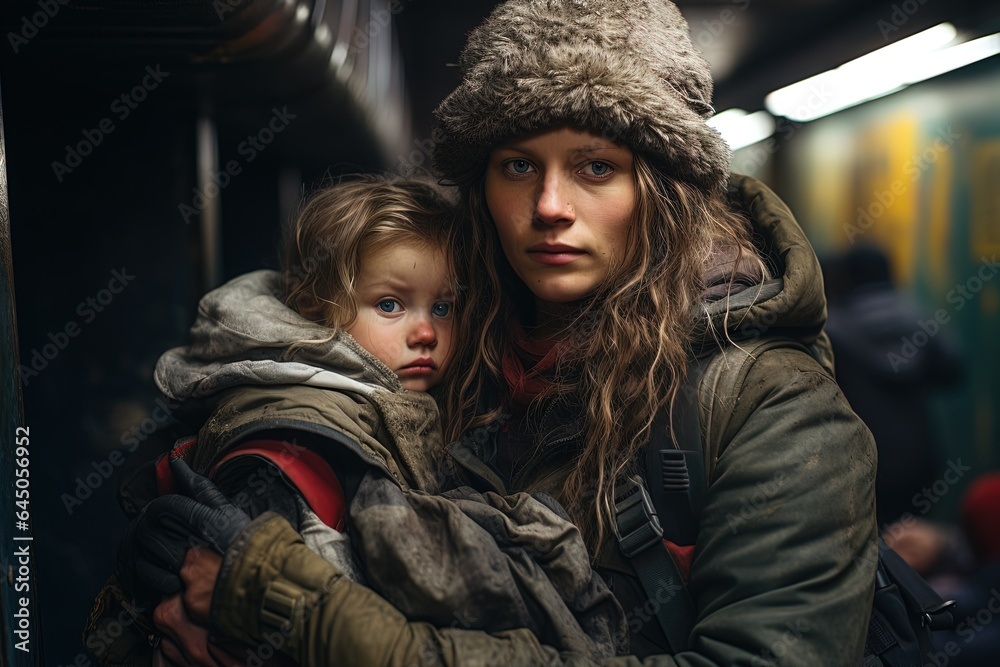 A poor homeless blue-eyed refugee woman in worn out clothes and a hat hugs her daughter at a subway station.