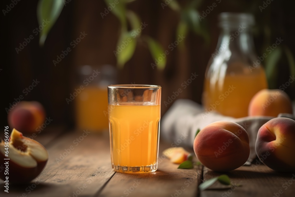 peach or apricot juice in a glass among peaches on wooden surface and blurred background peach or apricot juice in a glass among peaches on wooden surface and blurred background