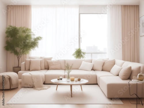 Modern interior japandi style design living room. Lighting and sunny Scandinavian apartment with plaster and wood. 3d render illustration © MuhammadIlyas