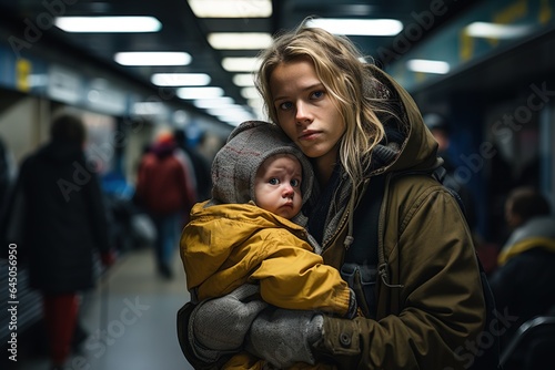 A poor homeless blond blue-eyed refugee woman in worn out clothes and a hat hugs her daughter at a subway station.