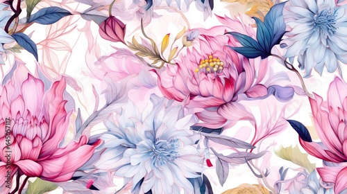  a painting of pink and blue flowers on a white background. generative ai