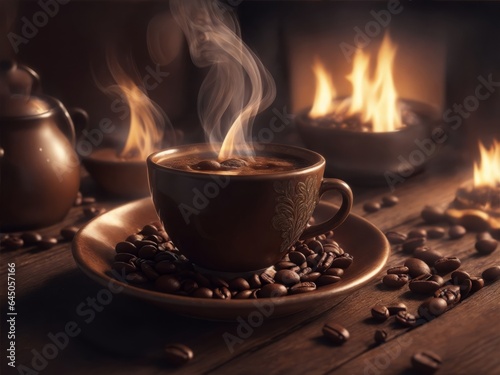 A cup of coffee and coffee beans on wooden table with smoke. Generative AI