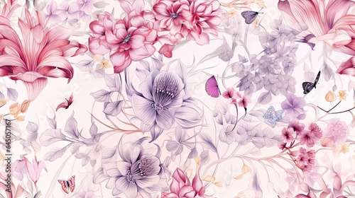  a pink and purple floral wallpaper with butterflies and flowers. generative ai