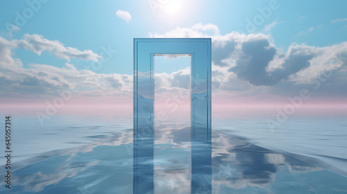 the door in the middle reflects rainbow, in the style of hyper-realistic water, light sky-blue and silver, modern surrealism, vray tracing, confessional, translucent water, minimalistic metal sculptur photo
