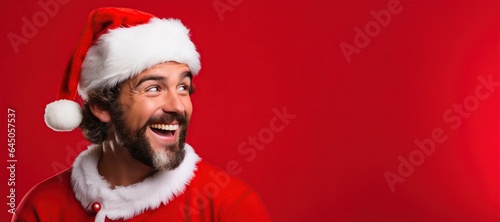 handsome man dressed as santa claus on red background