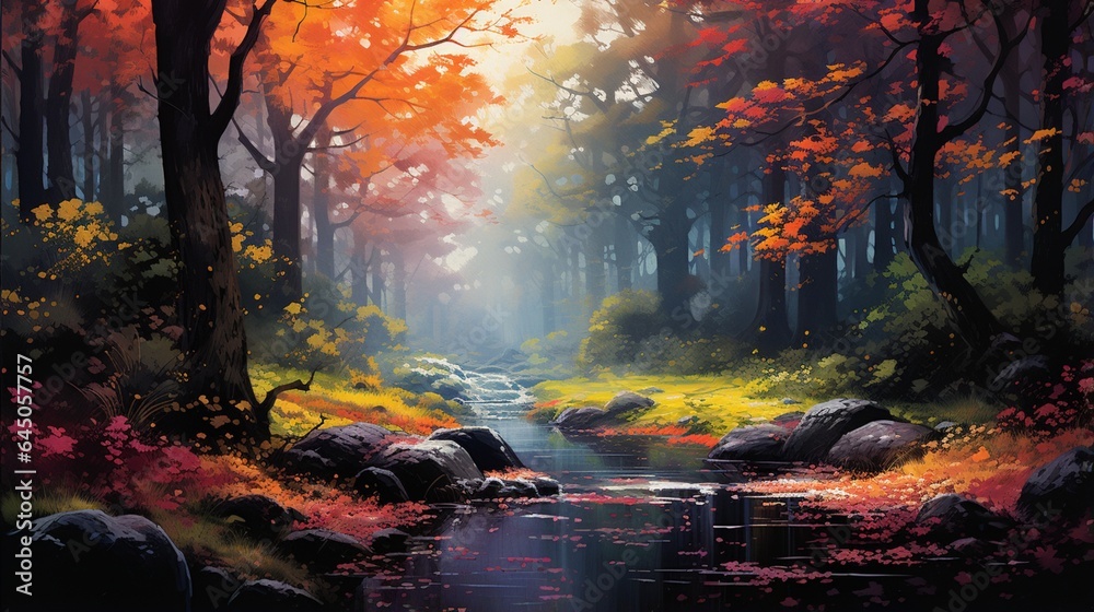 A tranquil forest scene transformed by the sudden burst of colorful leaves falling from the trees