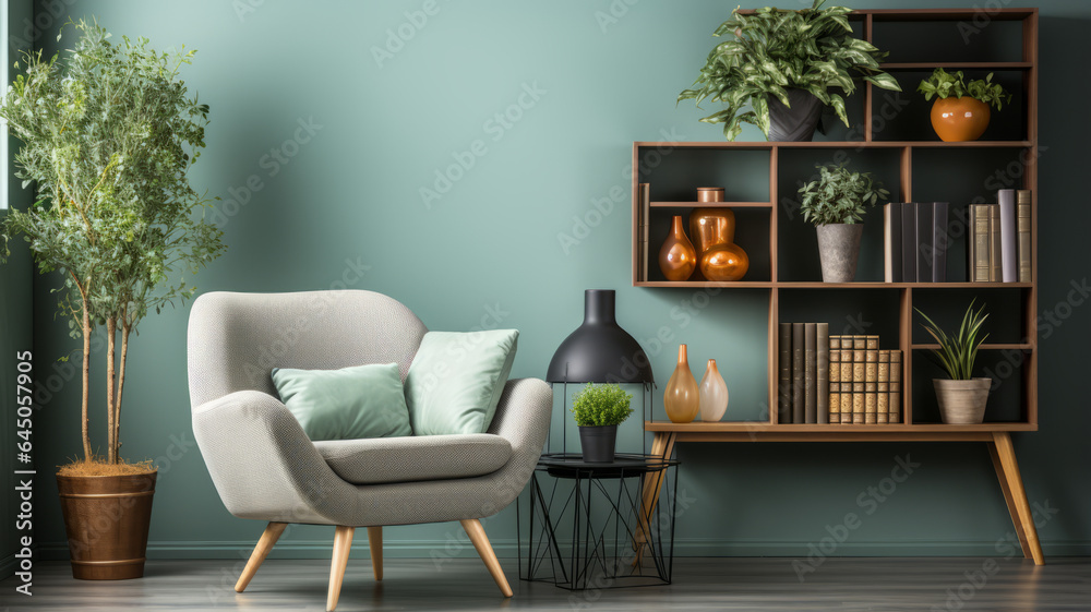 Fototapeta premium photograph of Comfortable armchair, shelving unit and houseplant near pastel wall.generative ai