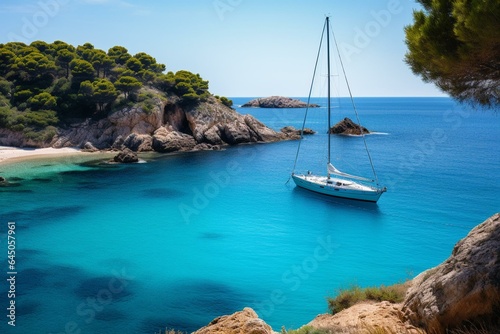 Scenic beach view with a sailboat in Menorca, Spain. Embrace summer, travel, and an active lifestyle. Generative AI