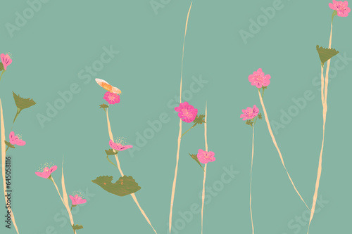 Ilustracja różowe kwiaty pszczoła osa zapylająca na jasnym pastelowym zielonym tle.