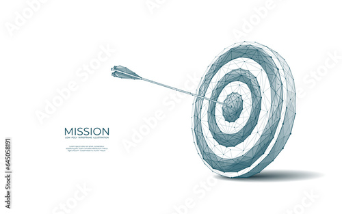 Polygonal isolated target with arrow on white background. Modern low poly monochrome style. Technology and innovation vector illustration with 3D effect. Growth strategy or financial goal concept.