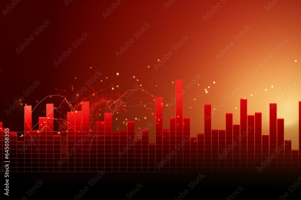 Red background with a downturning graph symbolizing a financial crisis. Keywords: Business, Stock, Recession, Economy, Global, Market, Investment, Bankruptcy, Inflation, Crash. Generative AI