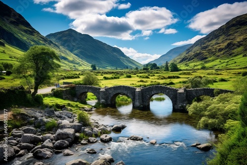 Beautiful Irish scenery with a river, stone bridge, majestic mountains, and a picturesque valley. Generative AI